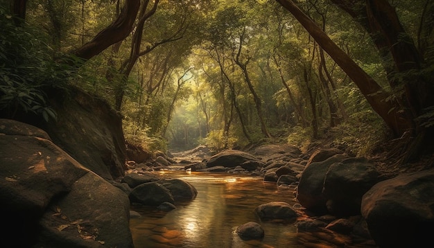 Escena tranquila de una aventura en la selva tropical generada por IA