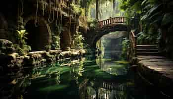 Foto gratuita escena tranquila belleza natural reflejada en un puente artificial sobre un estanque generado por inteligencia artificial