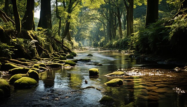 Foto gratuita escena tranquila de un bosque con agua corriente generada por inteligencia artificial