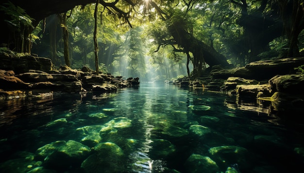 Escena tranquila de un bosque húmedo que refleja la belleza de la naturaleza generada por la inteligencia artificial