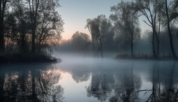 Escena tranquila de bosque de niebla al amanecer generada por IA