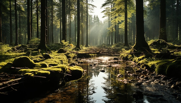 Foto gratuita escena tranquila de un bosque oscuro con un estanque de niebla generado por inteligencia artificial