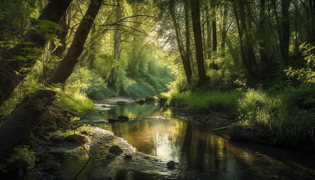 Escena tranquila del bosque otoñal reflejada en un estanque generada por IA