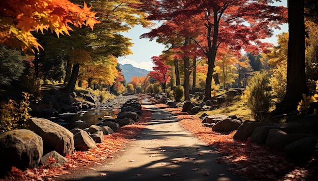 Escena tranquila bosque de otoño colores vibrantes carretera de un solo carril arce japonés generado por inteligencia artificial