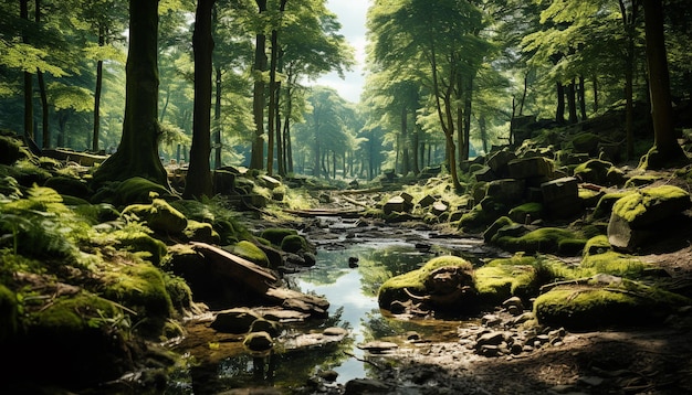 Foto gratuita una escena tranquila de un bosque verde y exuberante generado por la inteligencia artificial
