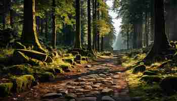 Foto gratuita escena tranquila de un bosque verde con hojas de otoño cayendo generada por inteligencia artificial