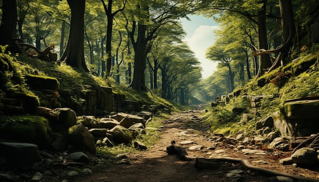 Foto gratuita escena tranquila de bosque verde montaña y agua generada por inteligencia artificial