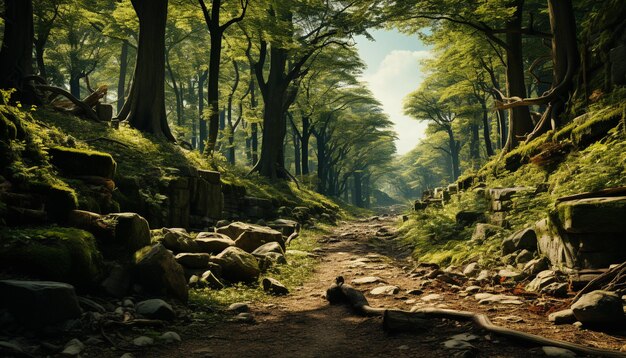 Escena tranquila de bosque verde montaña y agua generada por inteligencia artificial