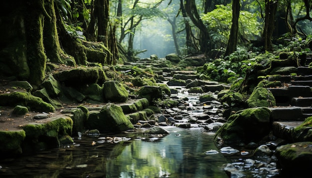 Foto gratuita escena tranquila de un bosque verde en otoño generada por inteligencia artificial