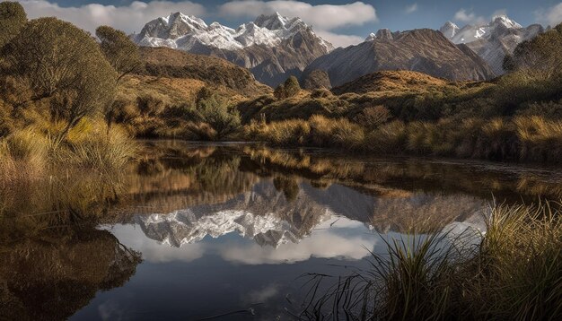 Escena tranquila de una majestuosa cordillera que refleja la belleza generada por IA