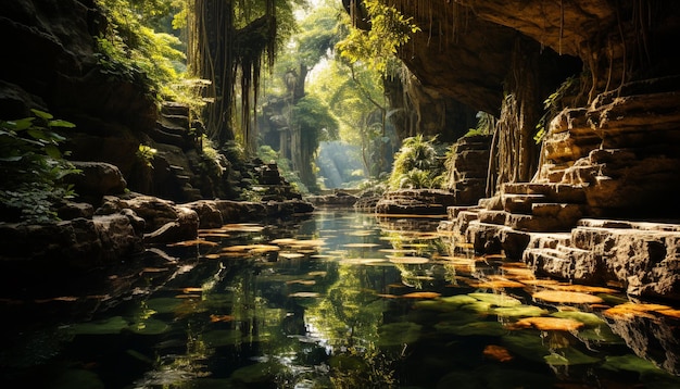 Escena tranquila de una majestuosa selva tropical que se refleja en un estanque generado por inteligencia artificial