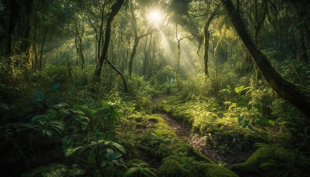 Escena tranquila de una misteriosa selva tropical generada por IA