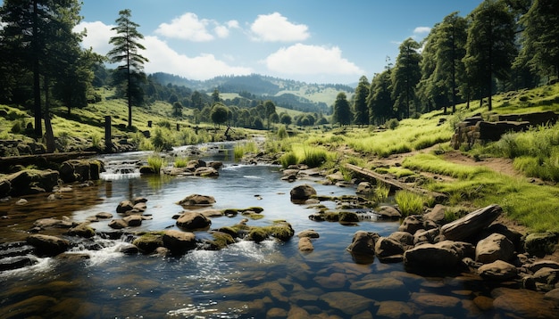 Foto gratuita escena tranquila prado verde agua corriente que refleja la belleza del otoño generada por la inteligencia artificial