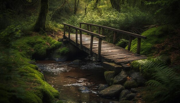 Escena tranquila de un puente de sendero forestal generado por IA