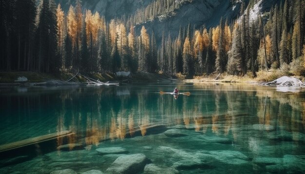 Escena tranquila del reflejo del bosque otoñal en el agua generada por IA