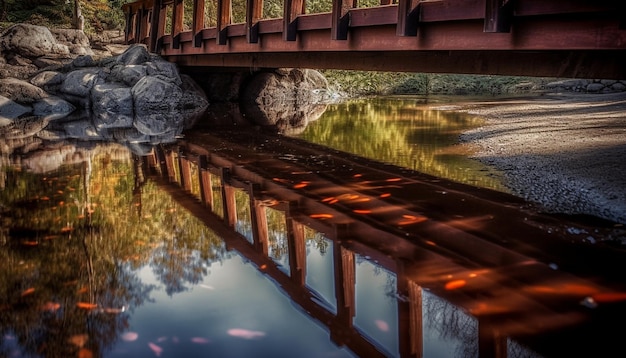 Escena tranquila del reflejo del bosque otoñal en el estanque generado por IA