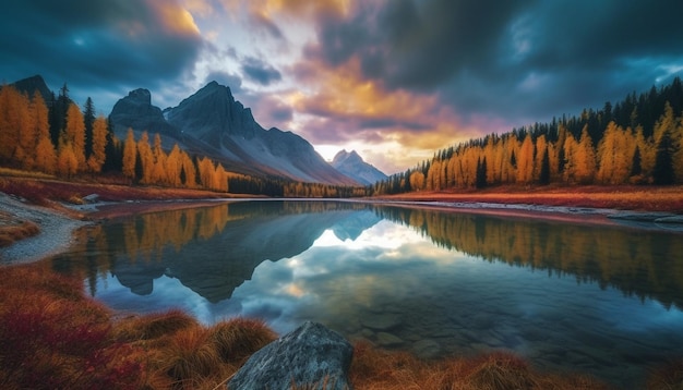 Escena tranquila del reflejo de la montaña al atardecer IA generativa