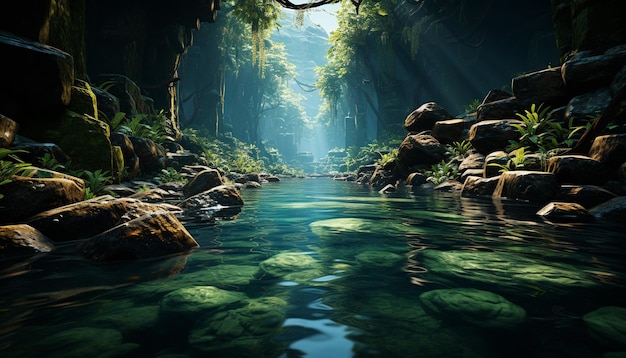 Foto gratuita escena tranquila de una selva tropical con agua corriente y follaje verde generado por inteligencia artificial