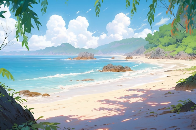 Escena de verano al estilo de dibujos animados con playa