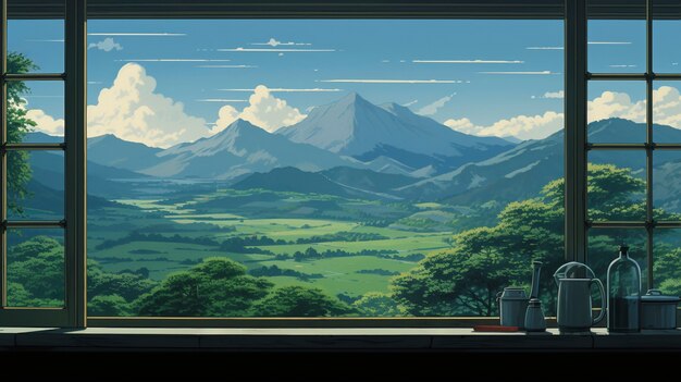 Escena de verano al estilo de dibujos animados con vista por la ventana