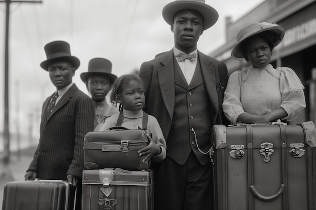 Foto gratuita escena vintage en blanco y negro con personas que migran a zonas rurales en viejos tiempos
