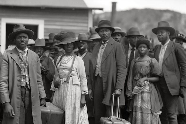 Escena vintage en blanco y negro con personas que migran a zonas rurales en viejos tiempos