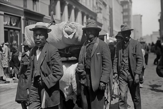 Escena vintage en blanco y negro con personas que migran a zonas rurales en viejos tiempos