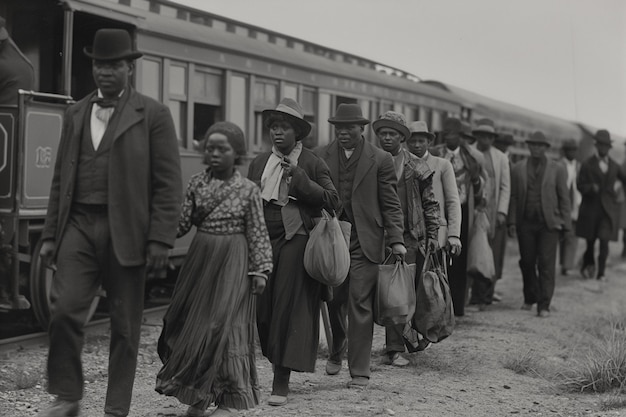 Foto gratuita escena vintage en blanco y negro con personas que migran a zonas rurales en viejos tiempos