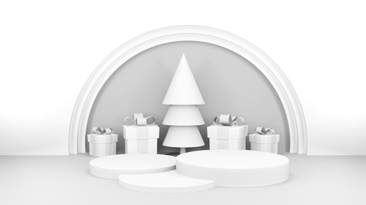 Foto gratuito escenario vacío con podio y decoraciones navideñas maqueta mínima escena de invierno de navidad árboles de navidad