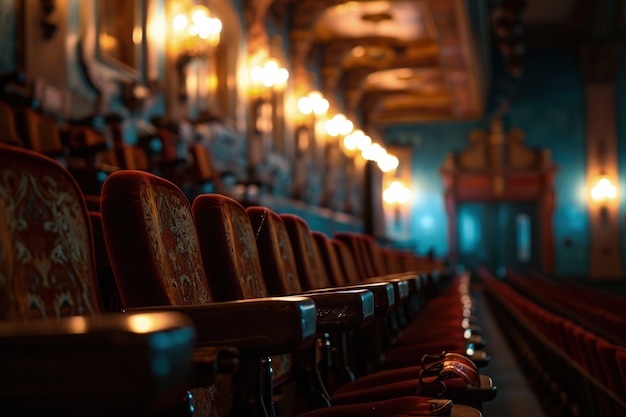 Escenas retro del día mundial del teatro con asientos antiguos.