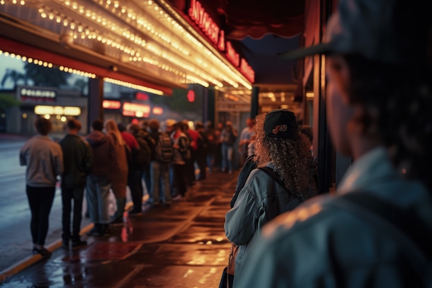 Escenas retro del día mundial del teatro con gente en la entrada del teatro.