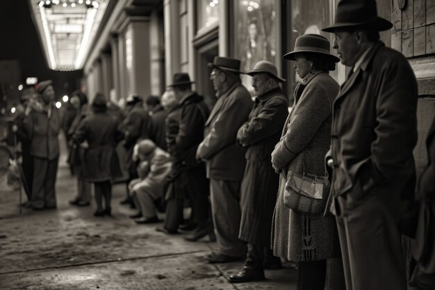 Escenas retro del día mundial del teatro con gente esperando una cola en la entrada de un teatro