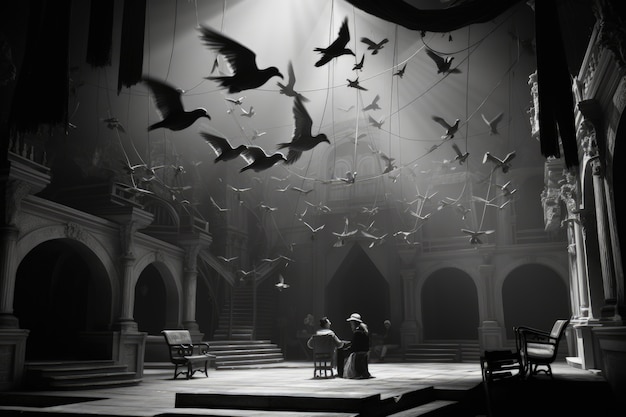 Foto gratuita escenas retro del día mundial del teatro con pájaros voladores.