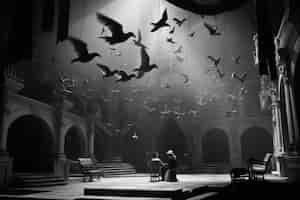Foto gratuita escenas retro del día mundial del teatro con pájaros voladores.