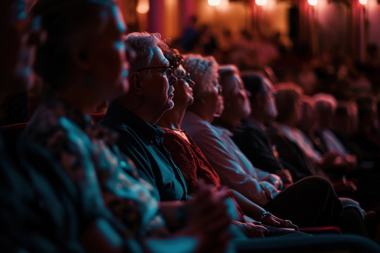 Foto gratuito escenas retro del día mundial del teatro con público sentado en la platea de un teatro