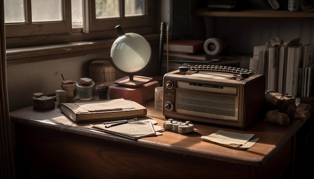 Escritorio antiguo con máquina de escribir antigua y libros generados por IA