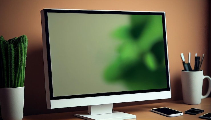 Foto gratuito escritorio moderno con monitor de computadora, teclado y mouse generativo ai