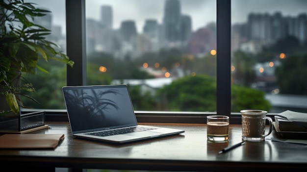 Foto gratuita un escritorio de oficina colocado junto a una gran ventana con gotas de lluvia y un cielo nublado