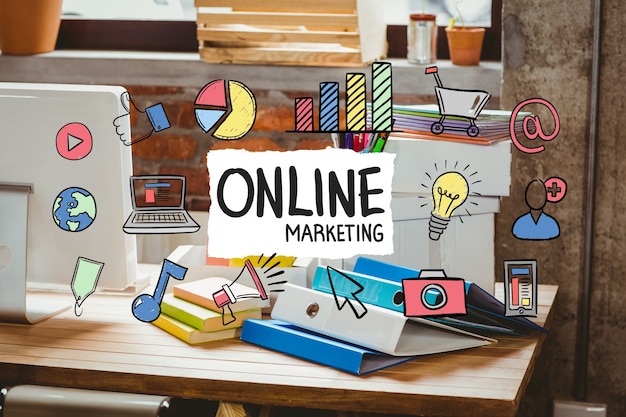 Foto gratuita escritorio de oficina con el concepto de negocio de marketing online