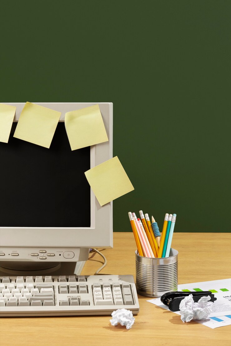 Foto gratuito escritorio de oficina desordenado con bodegón de computadora vieja