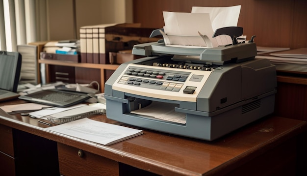Foto gratuita el escritorio de la oficina tiene un monitor de computadora de máquina de escribir antiguo generado por ia
