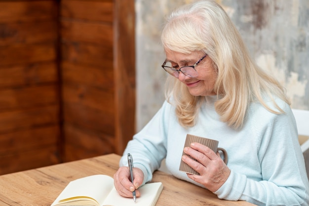 Escritura femenina senior de alto ángulo en agenda