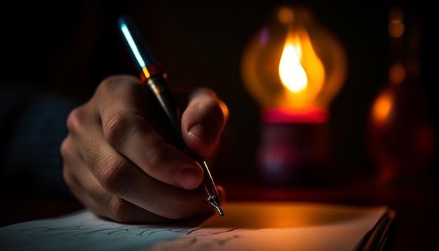 Escritura a mano con creatividad a la luz de las velas que brilla intensamente generada por IA