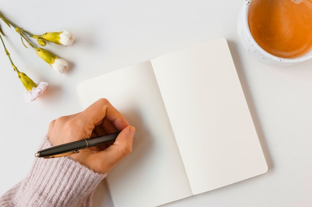 Escritura de la mujer con la pluma en la página en blanco contra el fondo blanco