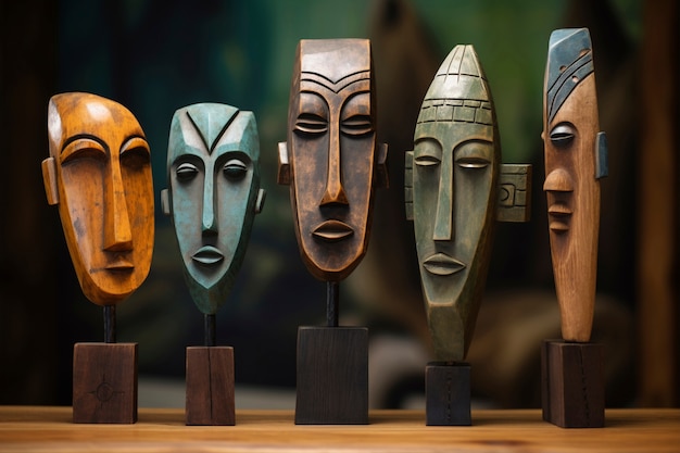 Foto gratuita escultura de máscaras decorativas de madera hecha a mano