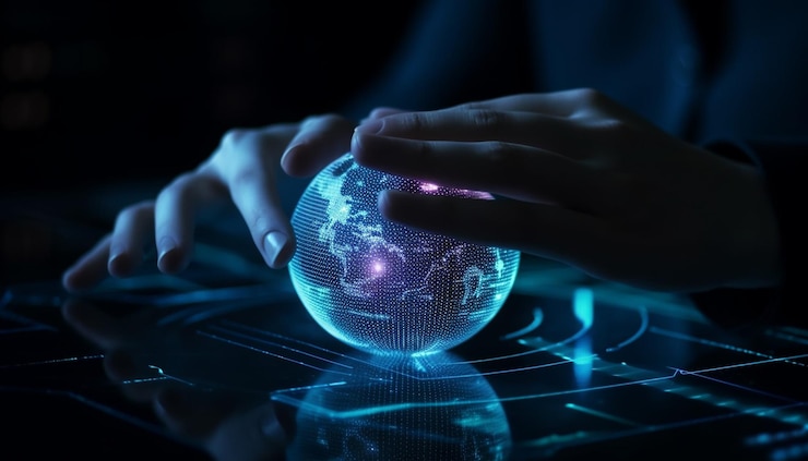 Foto gratuito esfera azul brillante sostenida por mano humana generada por ia