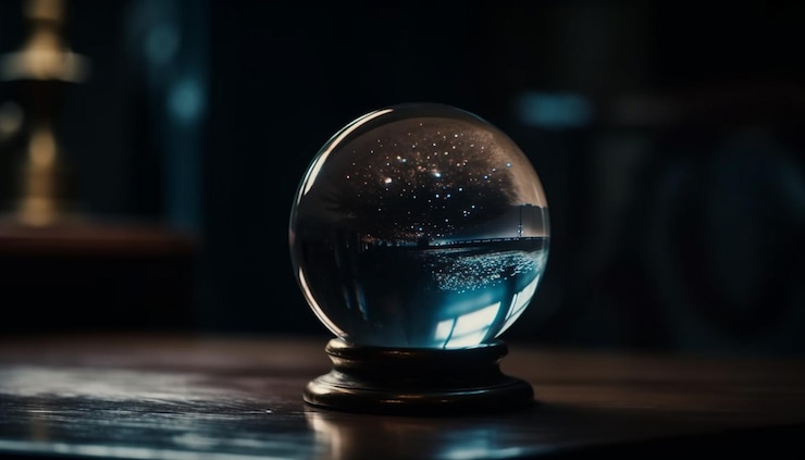 Foto gratuito la esfera de cristal azul brillante refleja una gota de agua brillante generada por ia