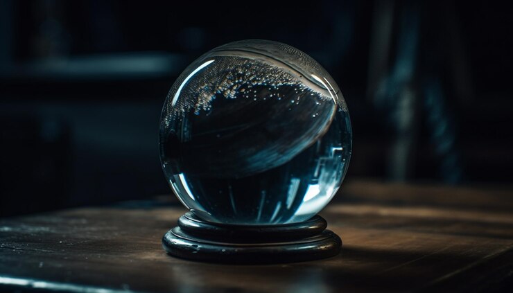 Foto gratuito la esfera de cristal transparente en la mesa húmeda refleja el fondo generado por la ia