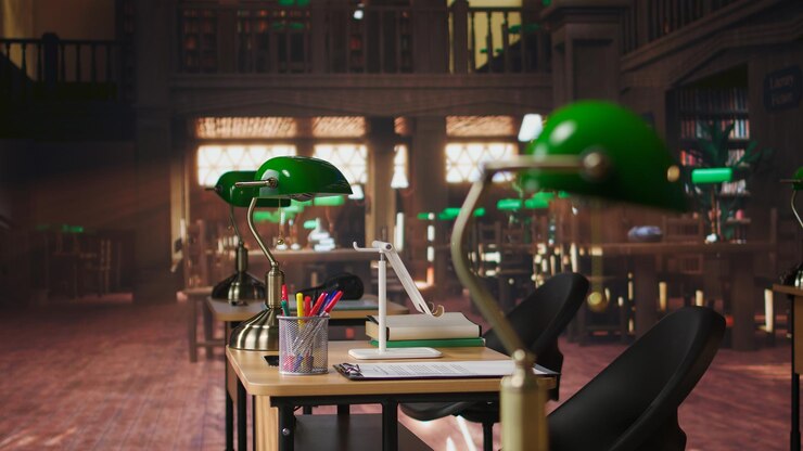 Foto gratuito espacio de biblioteca profesional diseñado con arquitectura histórica y escritorios de estudio