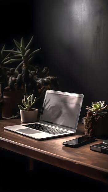 Espacio de trabajo con computadora portátil y suculentas en un escritorio de madera en una habitación oscura